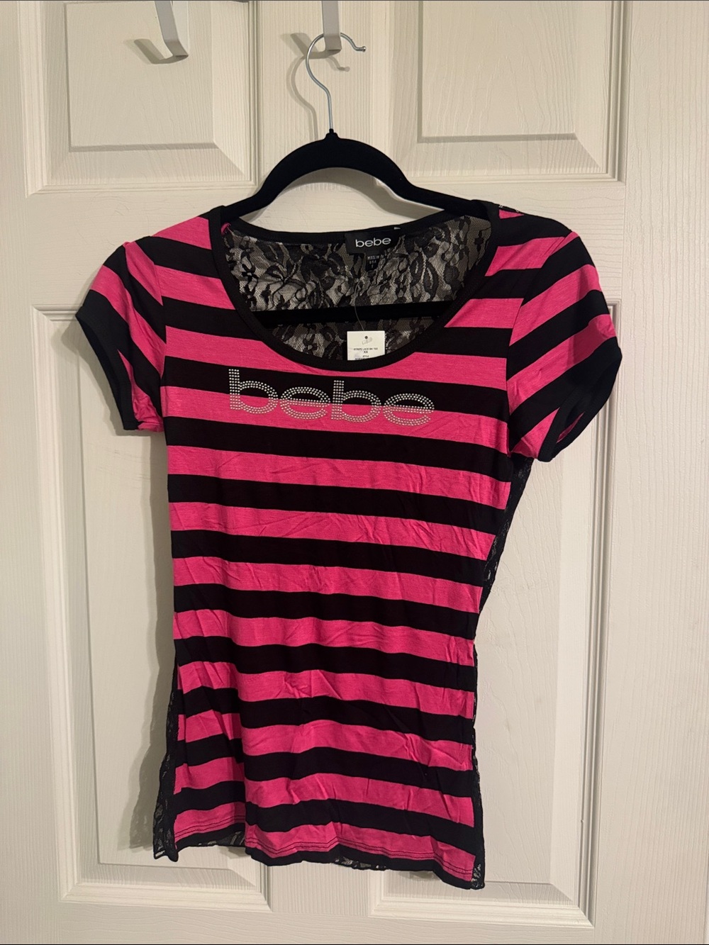 bebe Hot Pink & Black Striped Tee with Lace Back